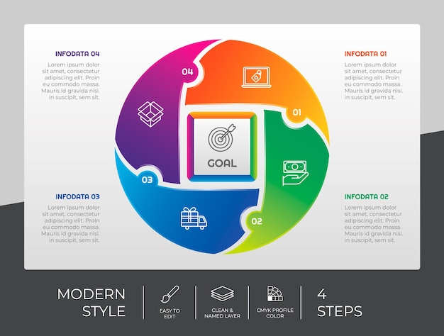 Vector diseño de vector de infografía de paso de círculo con 4 opciones de estilo moderno para fines de presentación la infografía de paso se puede utilizar para negocios y marketing