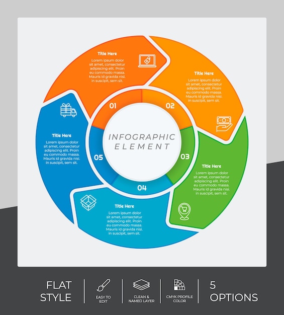 Diseño de vector de infografía de proceso circular con estilo colorido de 5 pasos para fines de presentación La infografía de paso plano se puede utilizar para negocios y marketing