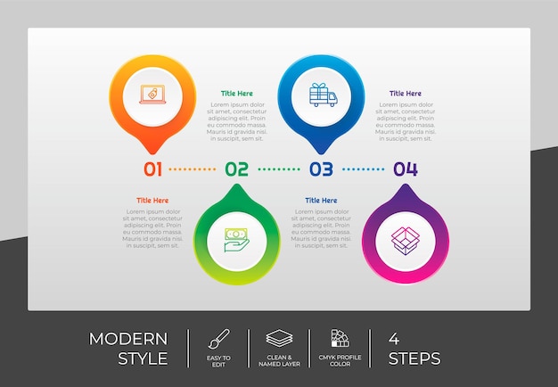 Diseño de vector de infografía de proceso de círculo con estilo colorido de 4 pasos para fines de presentación La infografía de paso moderno se puede utilizar para negocios y marketing