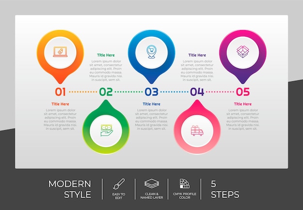 Diseño de vector de infografía de proceso de círculo con estilo colorido de 5 pasos para fines de presentación La infografía de paso moderno se puede utilizar para negocios y marketing