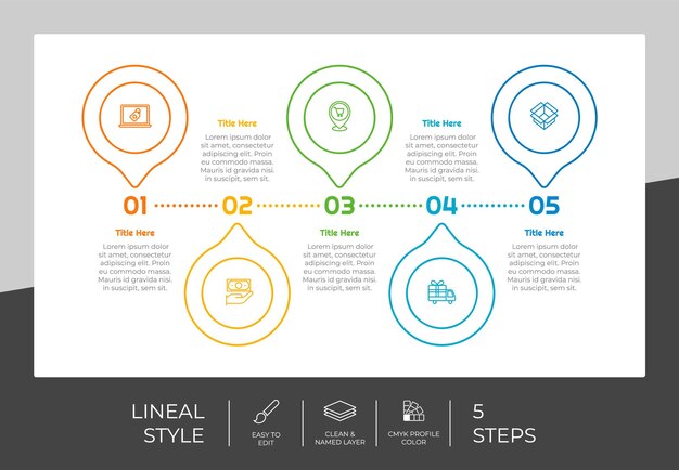 Diseño de vector de infografía de proceso de círculo con estilo colorido de 5 pasos para fines de presentaciónLa infografía de paso de línea se puede utilizar para negocios y marketing