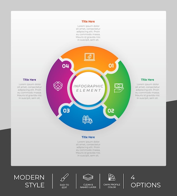 Vector diseño de vector infográfico de opción de círculo con 4 opciones de estilo colorido para fines de presentación la infografía de opción moderna se puede utilizar para negocios y marketing