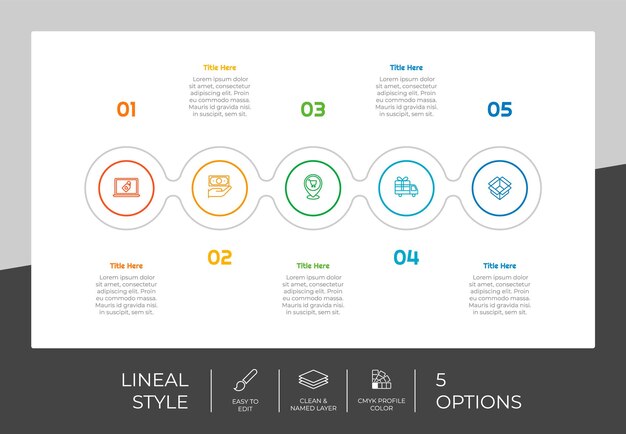 Diseño de vector infográfico de opción de círculo con 5 opciones de estilo colorido para fines de presentación La infografía de opción de línea se puede utilizar para negocios y marketing