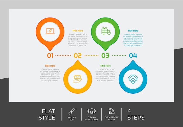 Diseño de vector infográfico de proceso circular con estilo colorido de 4 pasos para fines de presentación La infografía de paso plano se puede utilizar para negocios y marketing