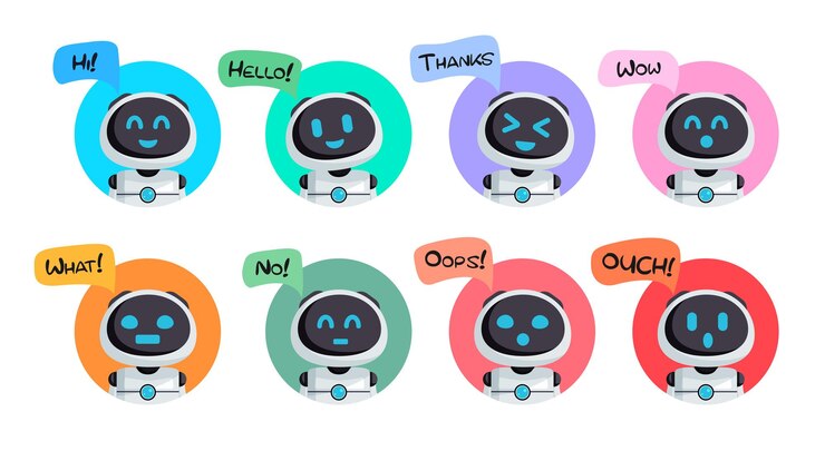Vector diseño de vector de juego de caracteres de robot. colección de personajes de robots con cara feliz y amigable expresa