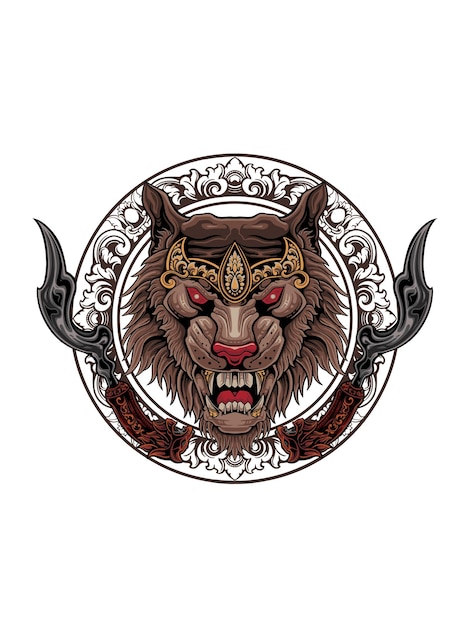 diseño de vector de león con arma tradicional de cuchilla, color editable