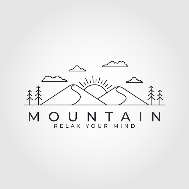 Diseño de vector de logotipo de arte de línea de montaña de paisaje lineal plano