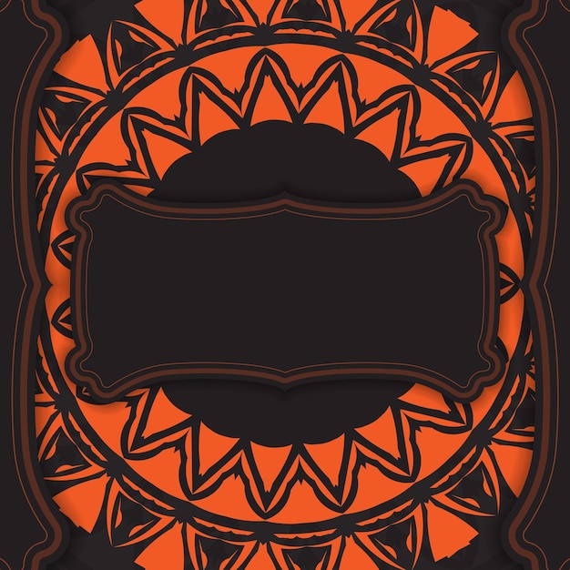 Diseño de vector de lujo de postal en color negro con adornos naranjas. Diseño de tarjetas de invitación con espacio para texto y patrones abstractos.