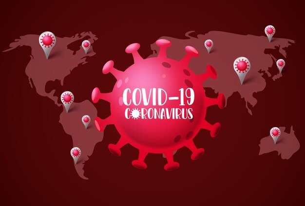 Diseño de vector de mapa mundial de coronavirus covid19 Texto de coronavirus covid19 en rojo covid con mapa mundial