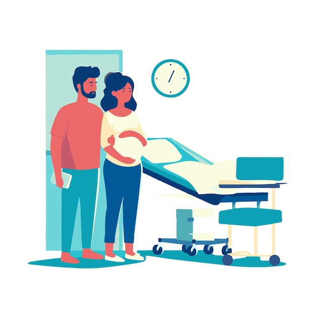 diseño de vector del marido que acompaña a su esposa para comprobar el embarazo