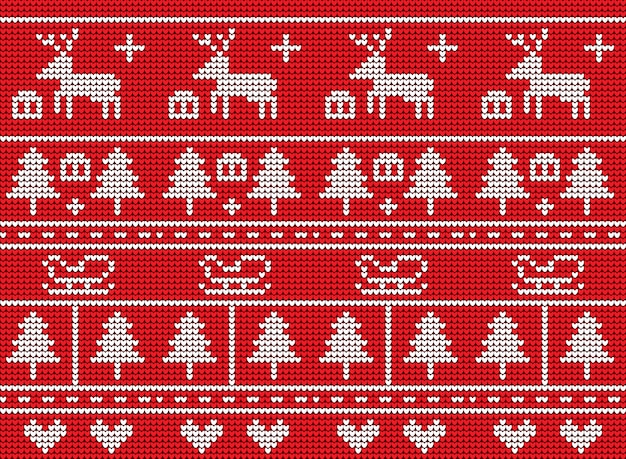 Diseño del vector del modelo del knit de la Navidad en fondo rojo.