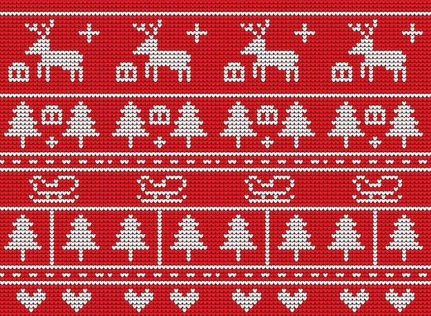 Diseño del vector del modelo del knit de la navidad en fondo rojo.