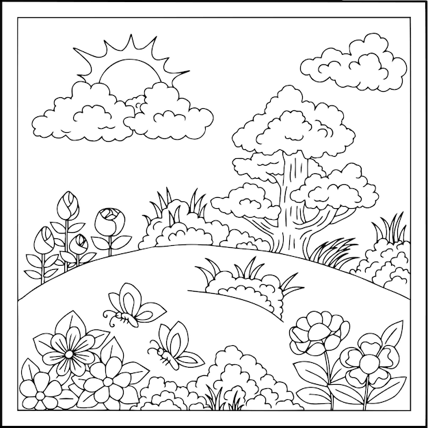 Diseño Vector Paisaje Jardín Página para colorear para niños