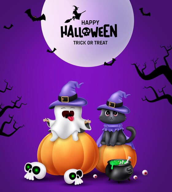 Diseño de vector de personaje fantasma de Halloween Texto de feliz Halloween con asientos de personaje lindo gatito