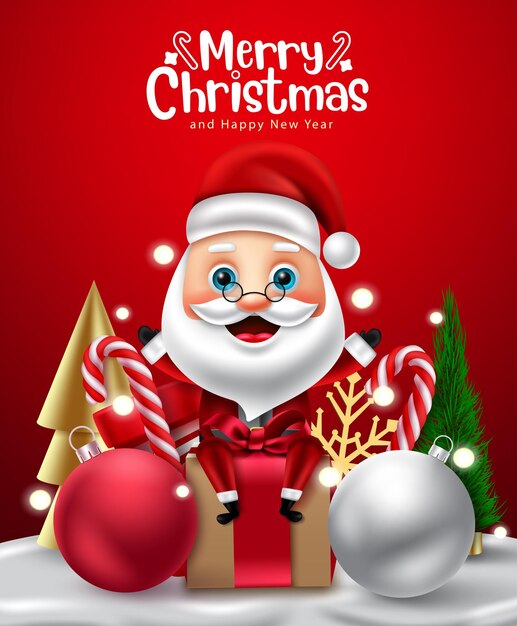 Diseño de vector de personaje de santa claus de navidad texto de saludo de feliz navidad con santa claus