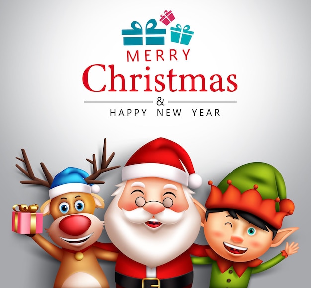 Diseño de vector de personajes de feliz navidad Texto de saludo de feliz navidad con santa claus