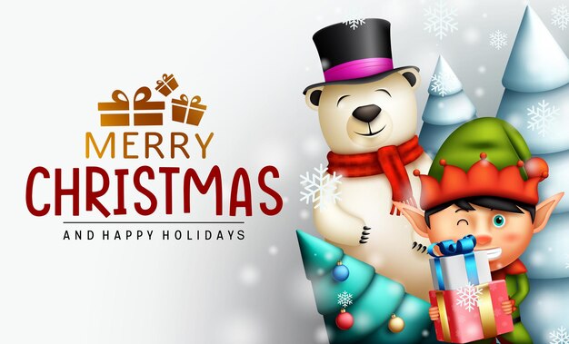 Diseño de vector de personajes de feliz navidad Texto de saludo de feliz navidad con santa claus