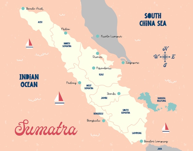 Diseño de vector plano lindo divertido colorido mapa de sumatra indonesia