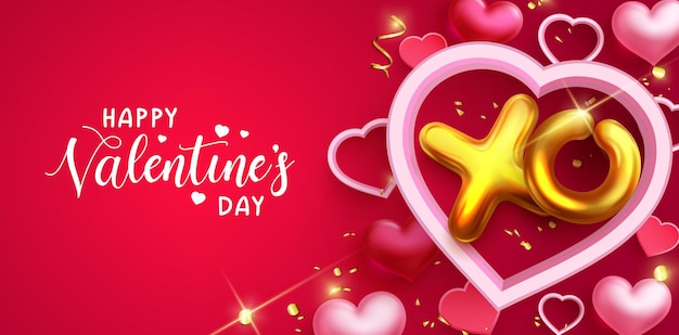 Diseño de vector de saludo de día de San Valentín. Texto de feliz día de san valentín con globos dorados.