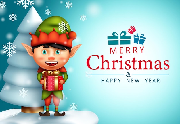 Diseño de vector de saludo de duende navideño Texto de feliz Navidad con personaje de niño elfo con regalo