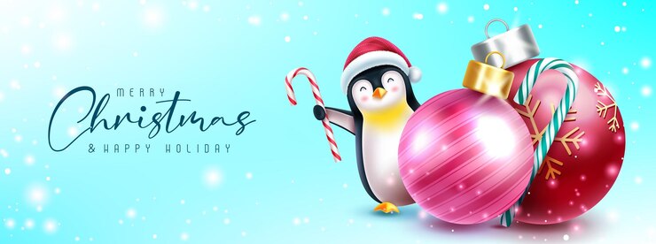Vector diseño de vector de saludo de vacaciones de navidad. texto de feliz navidad con elementos de bolas de pingüino y navidad.