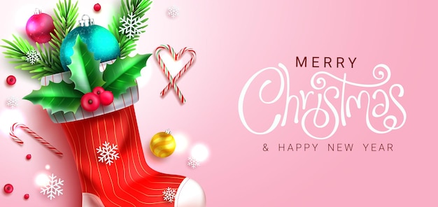 Diseño de vector de saludo de vacaciones de Navidad. Texto de feliz navidad con medias de navidad en rayas.