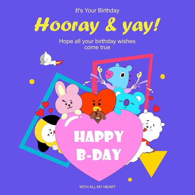 Diseño de vector de tarjeta de cumpleaños de personaje bt21