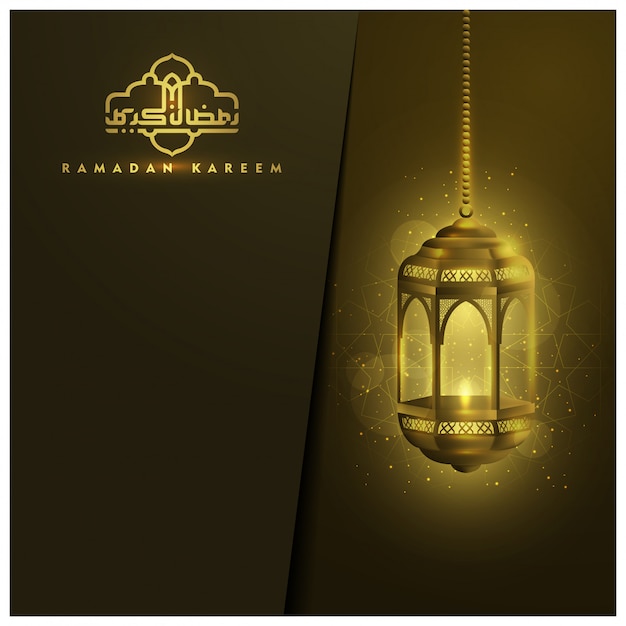 Diseño de vector de tarjeta de felicitación de ramadan karrem con linterna brillante