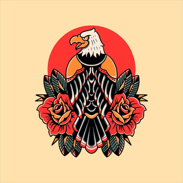 Diseño de vector de tatuaje de águila y rosa