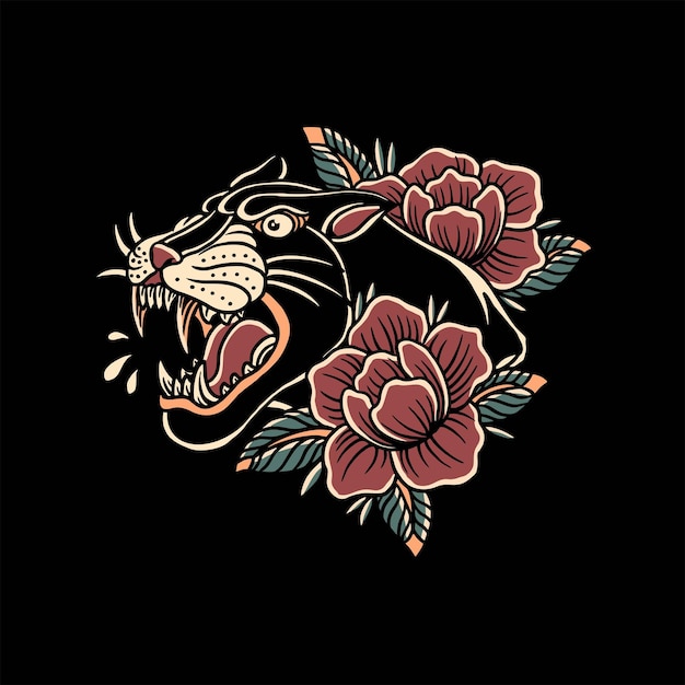 diseño de vector de tatuaje de pantera y rosas