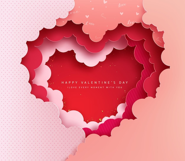 Diseño de vector de texto de feliz día de San Valentín. Día de san valentín en decoración de corte de papel de corazón para vacaciones.