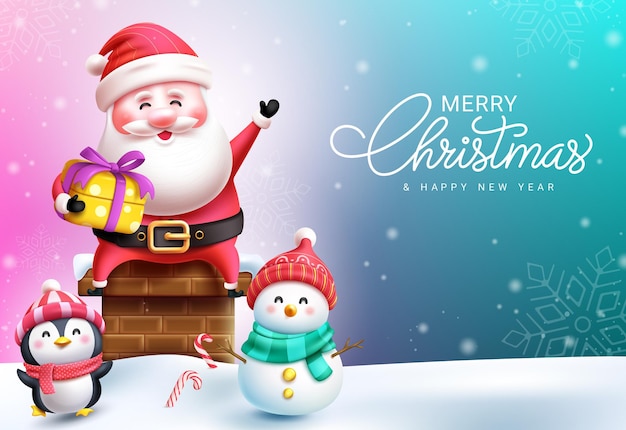 Diseño de vector de texto de feliz navidad Navidad santa claus con regalo con dibujos animados de duende y hombre de nieve