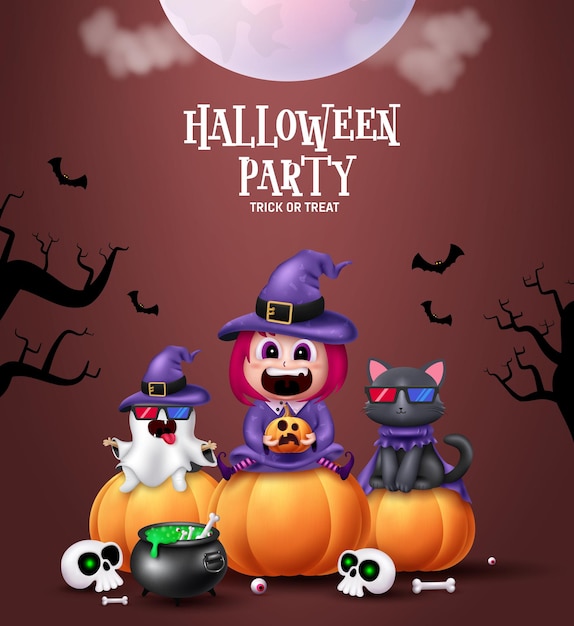 Diseño de vector de texto de fiesta de Halloween Saludo de truco o trato de fiesta de Halloween con fantasma de bruja chica