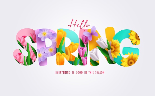 Diseño de vector de texto de flor de primavera. Hola texto de primavera, fuente y letras con colores y flores.