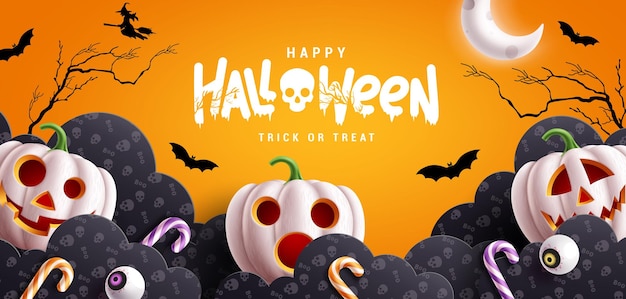 Diseño de vector de texto de Halloween Tarjeta de felicitación de feliz Halloween con elementos de calabaza y corte de papel