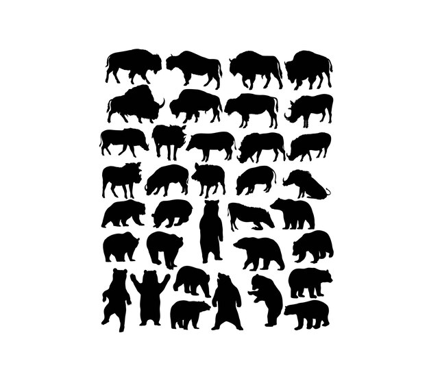 Diseño de vectores de arte de siluetas de oso bisonte y jabalí
