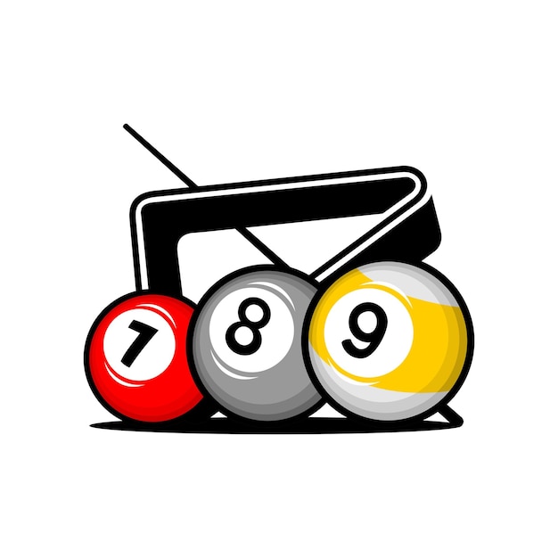 Diseño de vectores de bolas de billar con números siete, ocho y nueve alineados, fondo y logotipo
