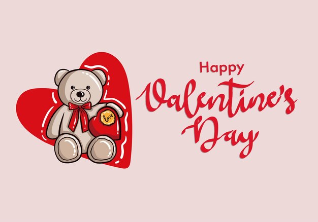 Diseño de vectores de feliz día de San Valentín. Vector de San Valentín con lindo oso de peluche y corazones.