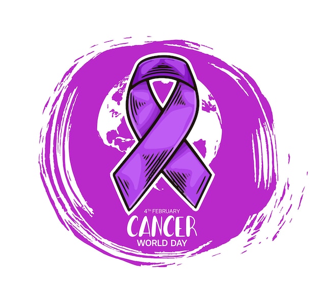 Vector diseño de vectores de ilustración del día mundial contra el cáncer con cinta morada y mapa mundial para la campaña