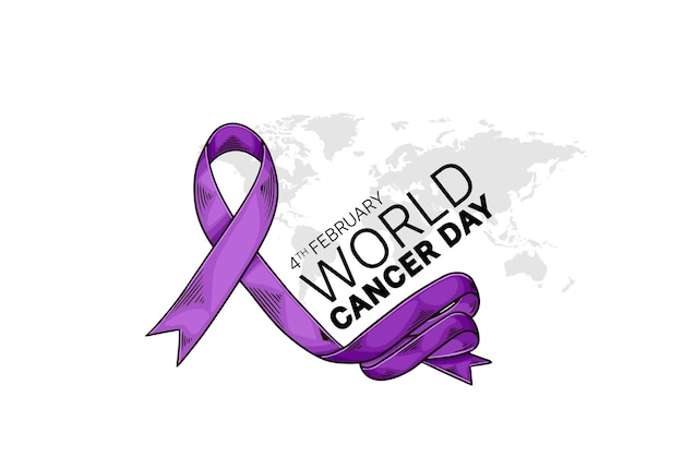 Diseño de vectores de ilustración del día mundial contra el cáncer con cinta morada y mapa mundial para la campaña