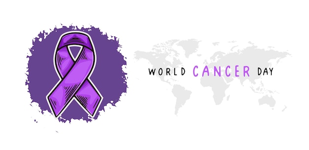 Diseño de vectores de ilustración del día mundial contra el cáncer con cinta morada y mapa mundial para la campaña