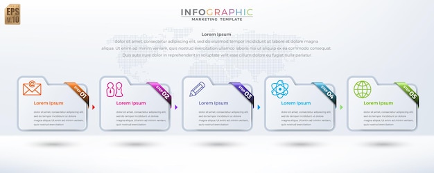 Diseño de vectores infográficos icono de carpeta de plantilla de barra brillante colorida de empresa comercial 5 opciones en estilo mínimo se puede utilizar para el proceso de marketing flujo de trabajo presentaciones diagrama de flujo de diseño anuncio impreso