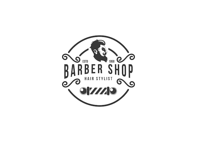 Diseño de vectores de logotipo de barbería. Logotipo para barbería, corte y afeitado, estilista de cabello.