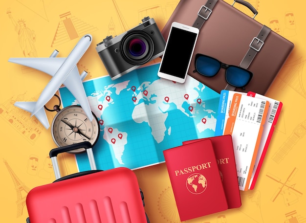 Diseño de vectores de viaje y gira Elementos de viaje y turismo con mapa mundial para ubicación
