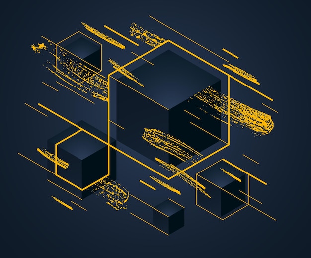 Diseño vectorial abstracto con racimo de cubos negros 3D con fondo de vector de elementos dorados, ilustración geométrica de lujo de élite real, se puede utilizar para anuncios de joyería moderna.