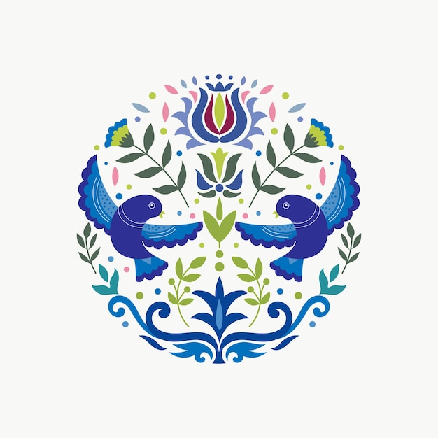 Diseño vectorial de adornos de arte popular tradicional escandinavo con flores y pájaros