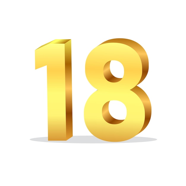 Diseño vectorial aislado número 18 de oro 3d en fondo blanco