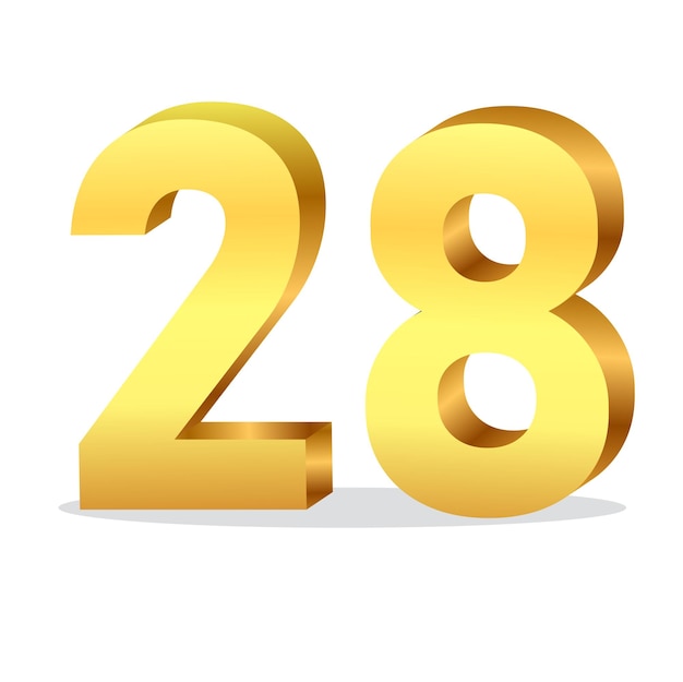 Diseño vectorial aislado número 28 de oro 3d en fondo blanco