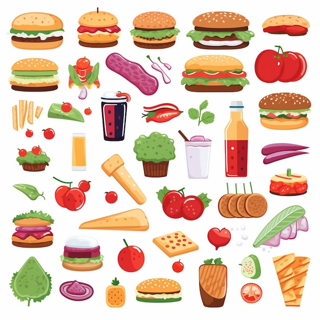 diseño vectorial de alimentos icono de menú de restaurante ilustración de hamburguesa pizza conjunto de comida bebida gráfica