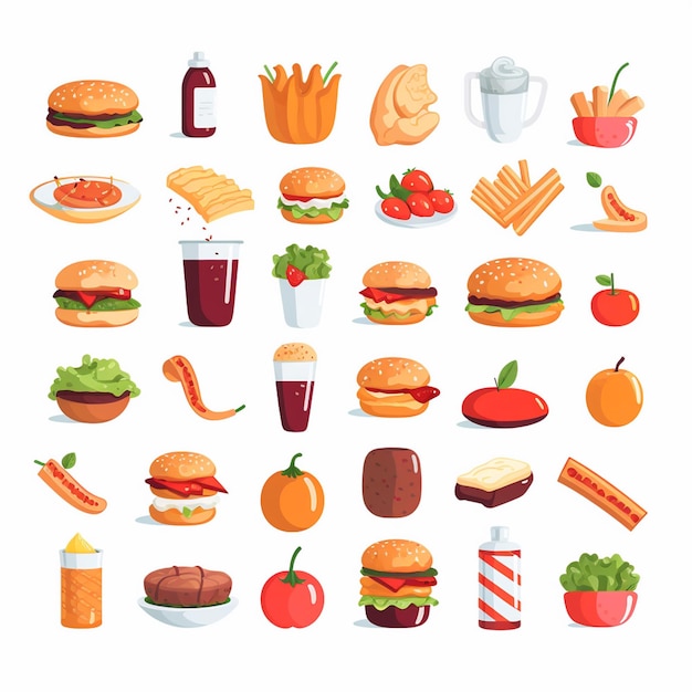 diseño vectorial de alimentos icono de menú de restaurante ilustración de hamburguesa pizza conjunto de comida bebida gráfica